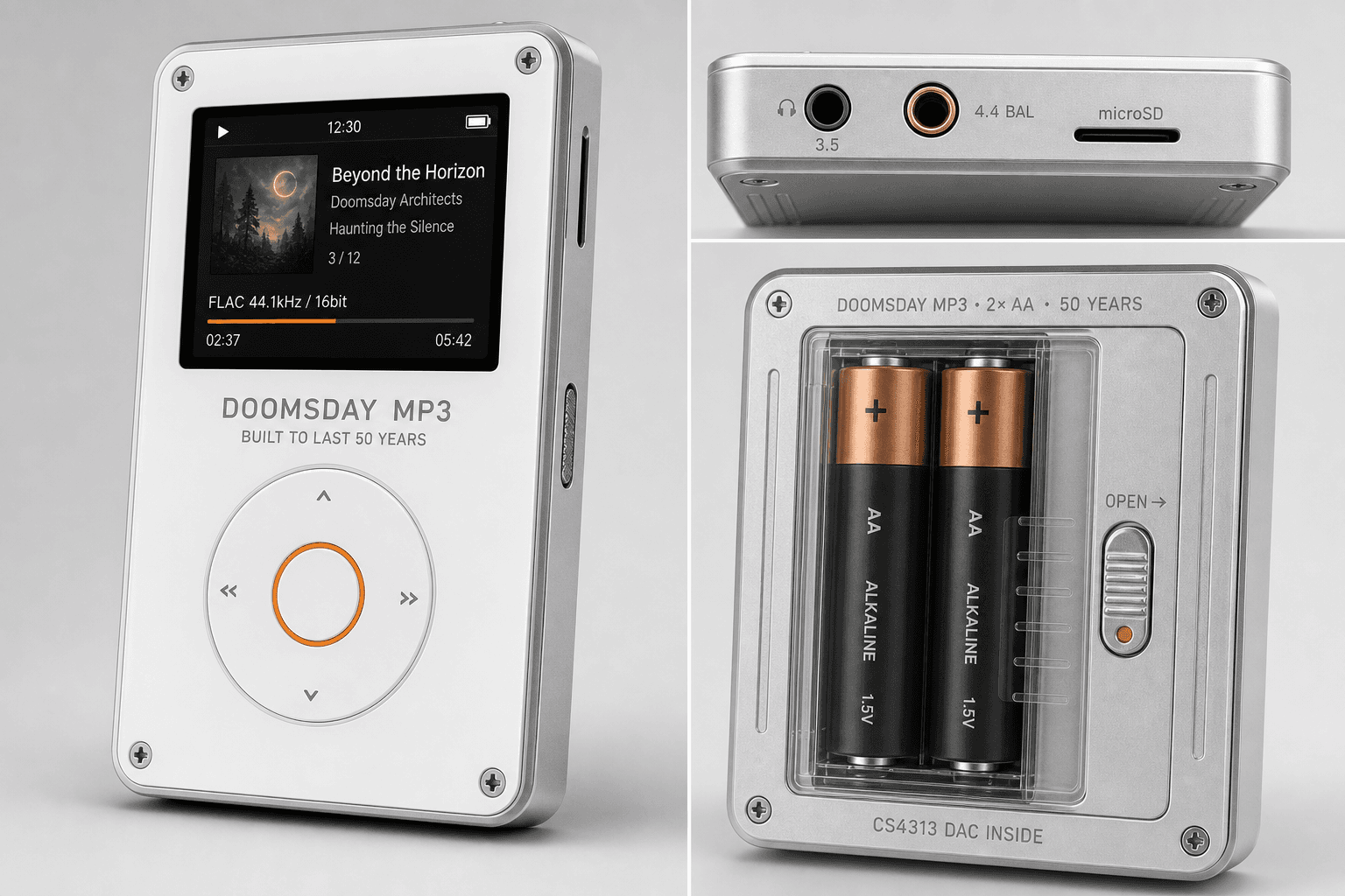 Doomsday MP3 player concept: front view with click wheel, top edge with 3.5mm and 4.4mm balanced jacks and microSD slot, and back view showing two AA batteries behind a clear tool-free sliding hatch